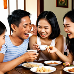 **

A warm, inviting scene of a Thai family gathered around a table, laughing and sharing stories while using a product (e.g., a well-known Thai snack, a local brand of tea, or a popular household item). The atmosphere should be genuine and evoke feelings of connection and nostalgia. The prompt should highlight the idea of the brand being a part of their cherished memories and daily life. Focus on the emotional connection.

**