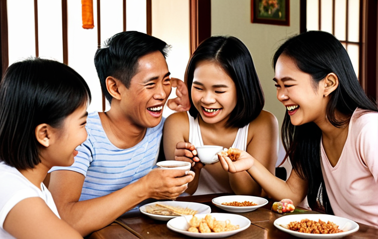 **

A warm, inviting scene of a Thai family gathered around a table, laughing and sharing stories while using a product (e.g., a well-known Thai snack, a local brand of tea, or a popular household item). The atmosphere should be genuine and evoke feelings of connection and nostalgia. The prompt should highlight the idea of the brand being a part of their cherished memories and daily life. Focus on the emotional connection.

**