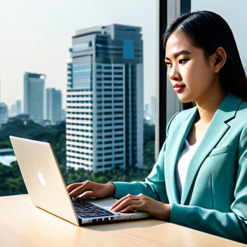 Modern Bangkok Office Scene**
A young professional woman, fully clothed in a stylish and modest business outfit, working on a laptop at a desk in a modern office in Bangkok, Thailand. Large windows overlook the cityscape. Safe for work, appropriate content, professional setting, perfect anatomy, natural pose, high quality, well-formed hands.
**