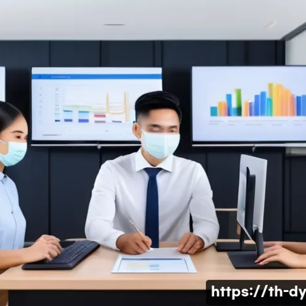 고객 이탈 원인 진단 체크리스트 - A modern Thai customer service office with diverse staff attentively monitoring customer behavior on...