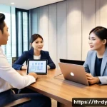 고객 이탈 방지를 위한 B2B 전략 - A modern Thai business office setting where a professional team is attentively listening to a client...