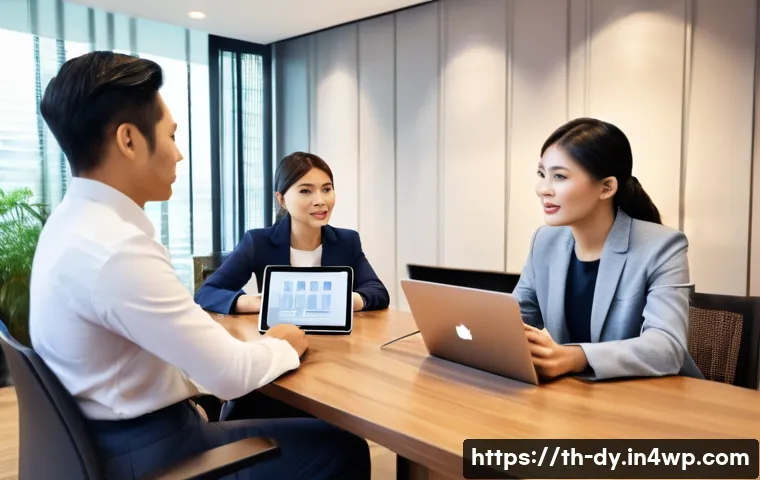 고객 이탈 방지를 위한 B2B 전략 - A modern Thai business office setting where a professional team is attentively listening to a client...